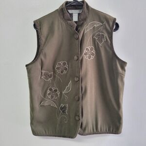 Jessica Holbrook Womens Medium Olive Green‎ Embroider Floral Vest Quilted Lining